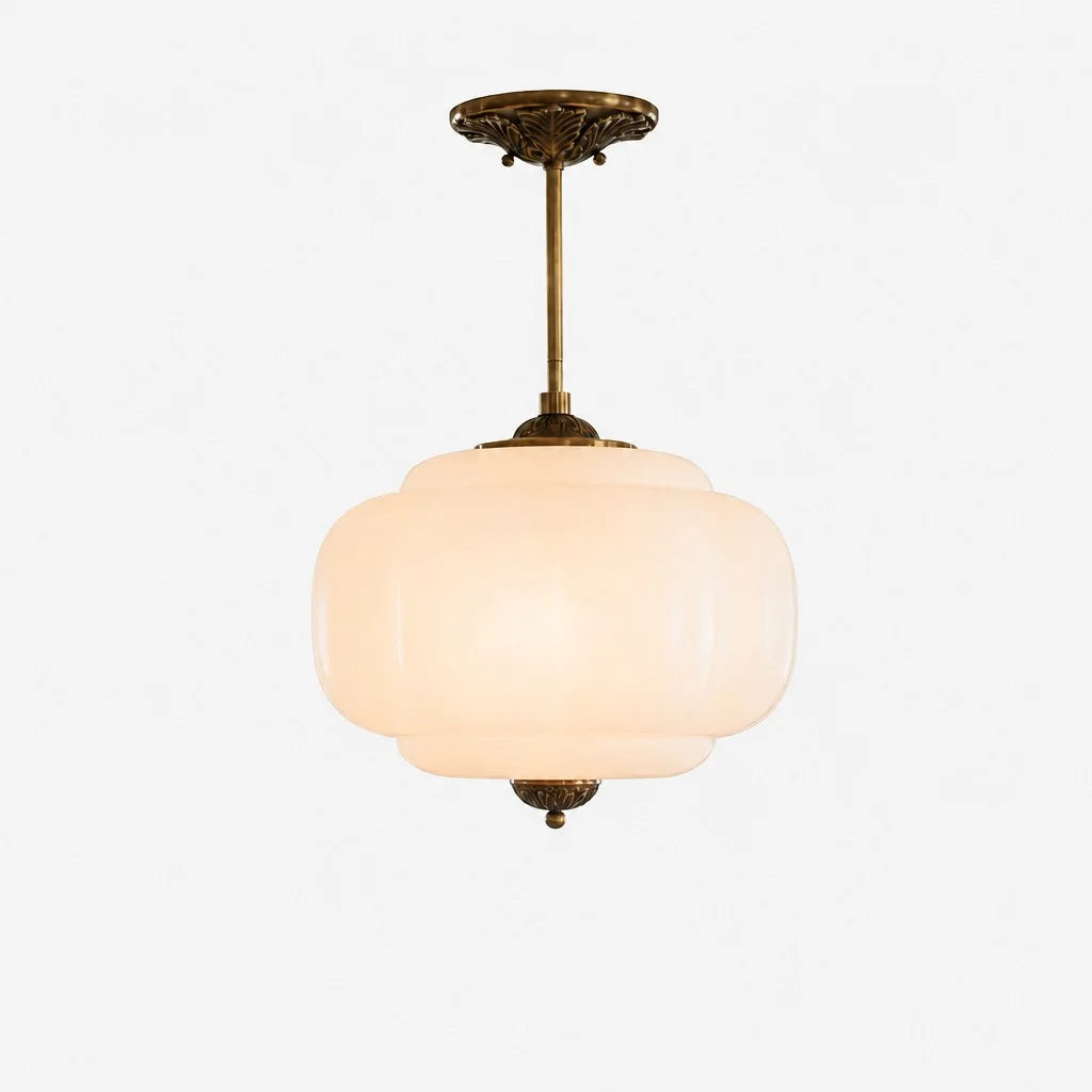 Pendant Lamp Art Deco with Scalloped Glass Shade and Ornate Brass Fitting