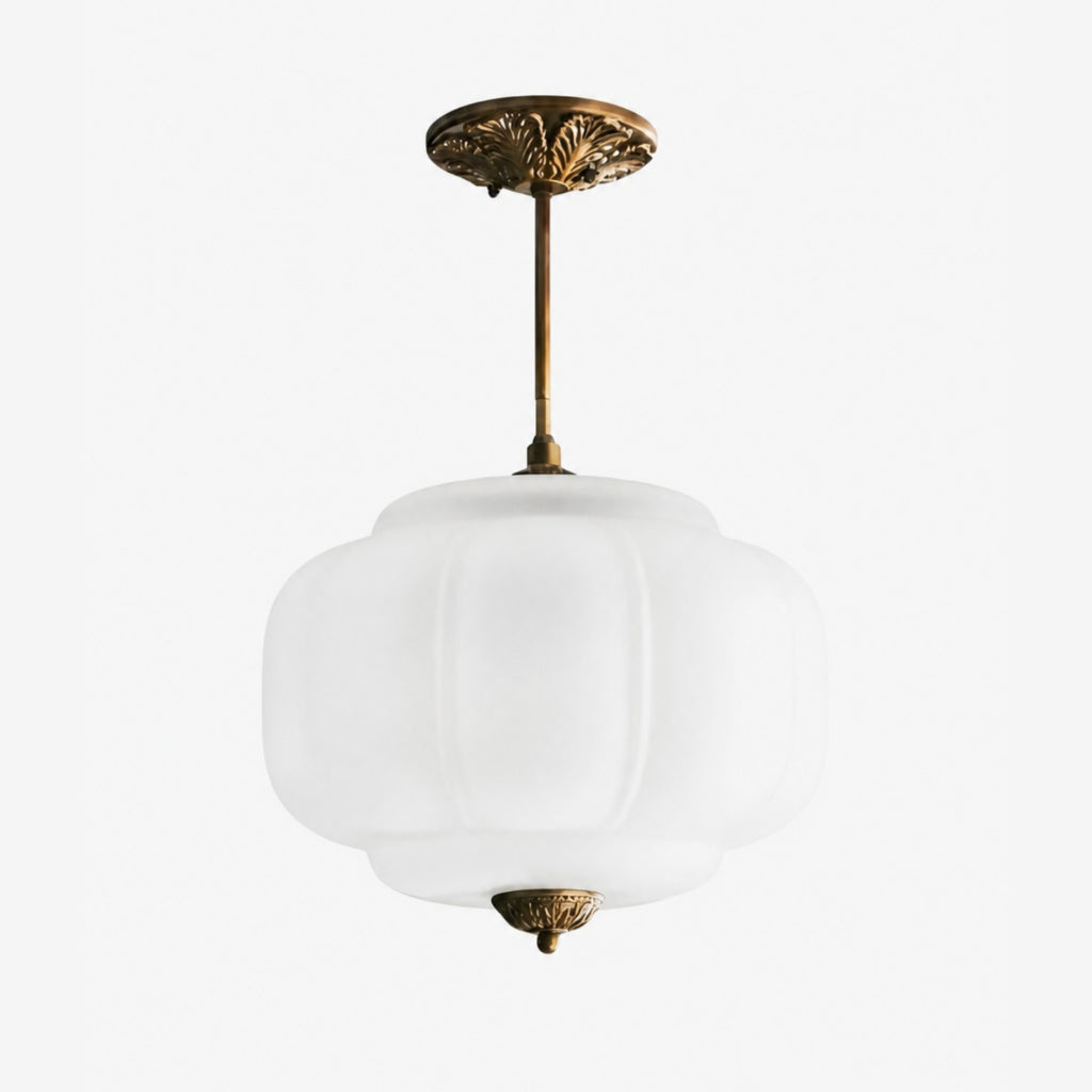 Pendant Lamp Art Deco with Scalloped Glass Shade and Ornate Brass Fitting