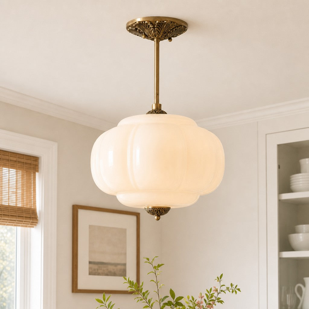 Pendant Lamp Art Deco with Scalloped Glass Shade and Ornate Brass Fitting