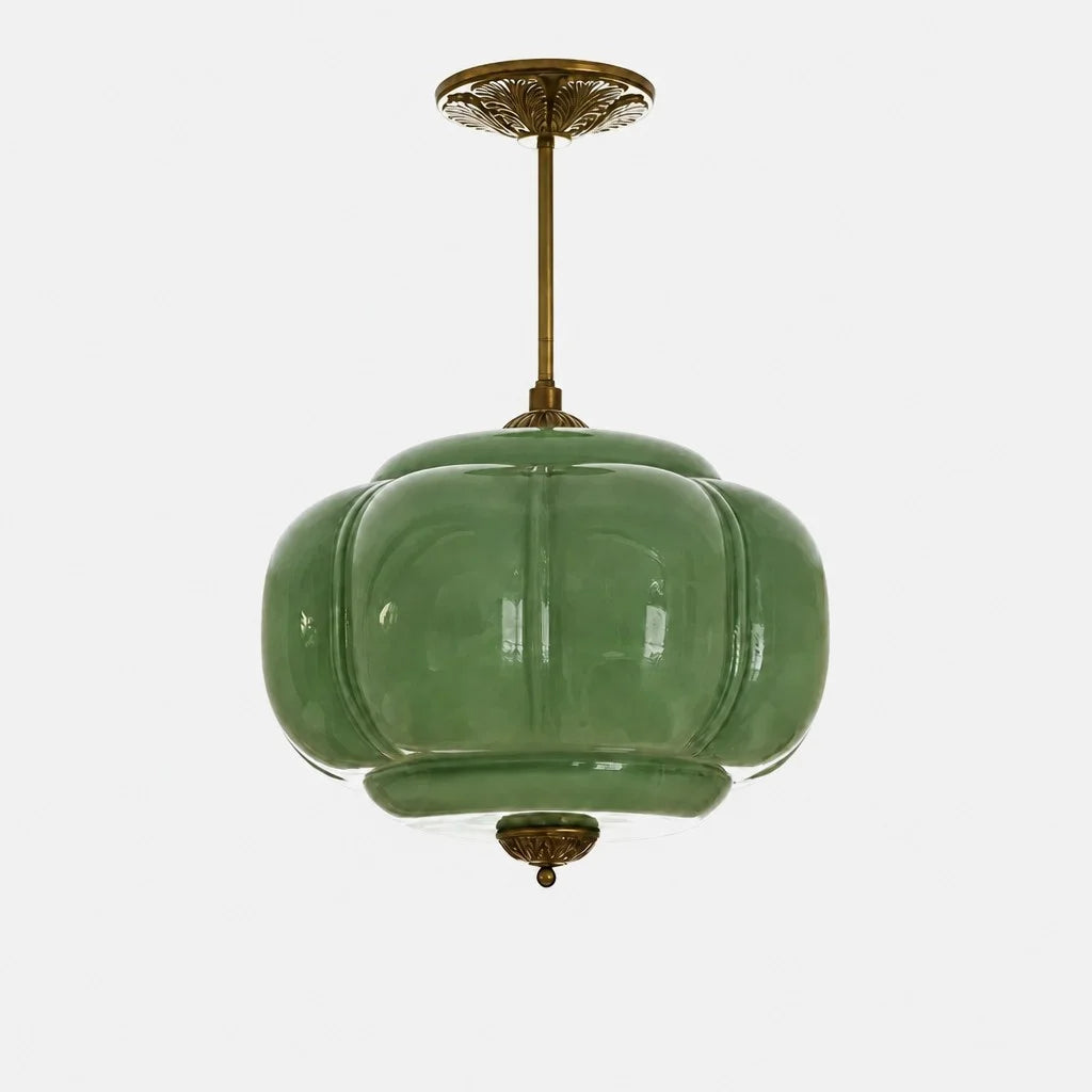 Pendant Lamp Art Deco with Scalloped Glass Shade and Ornate Brass Fitting