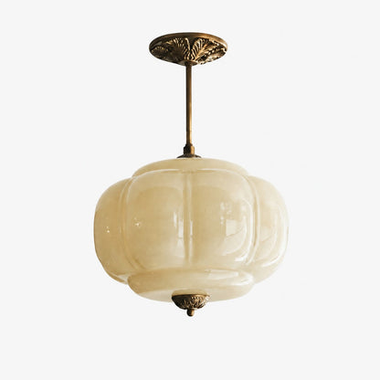 Pendant Lamp Art Deco with Scalloped Glass Shade and Ornate Brass Fitting