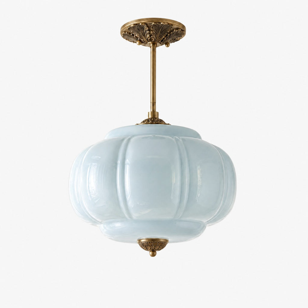 Pendant Lamp Art Deco with Scalloped Glass Shade and Ornate Brass Fitting