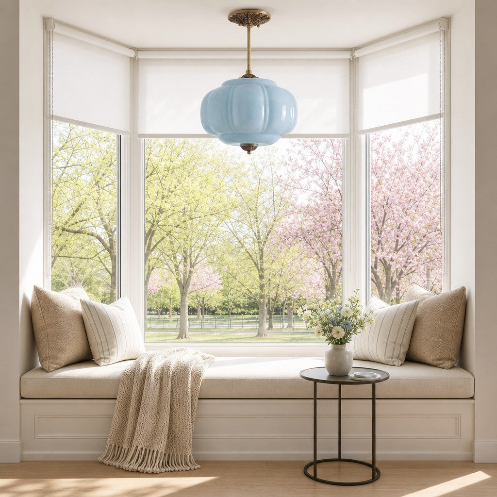 Pendant Lamp Art Deco with Scalloped Glass Shade and Ornate Brass Fitting