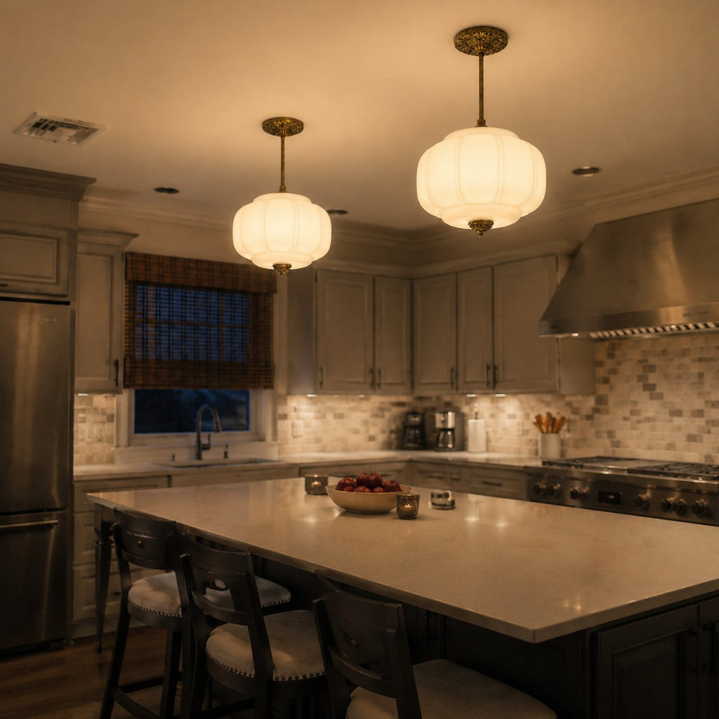 Pendant Lamp Art Deco with Scalloped Glass Shade and Ornate Brass Fitting