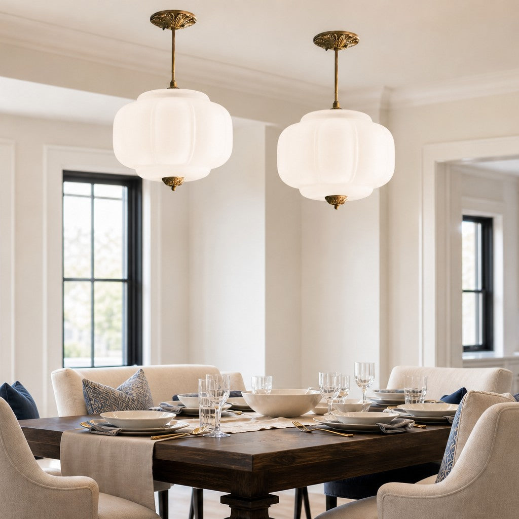 Pendant Lamp Art Deco with Scalloped Glass Shade and Ornate Brass Fitting