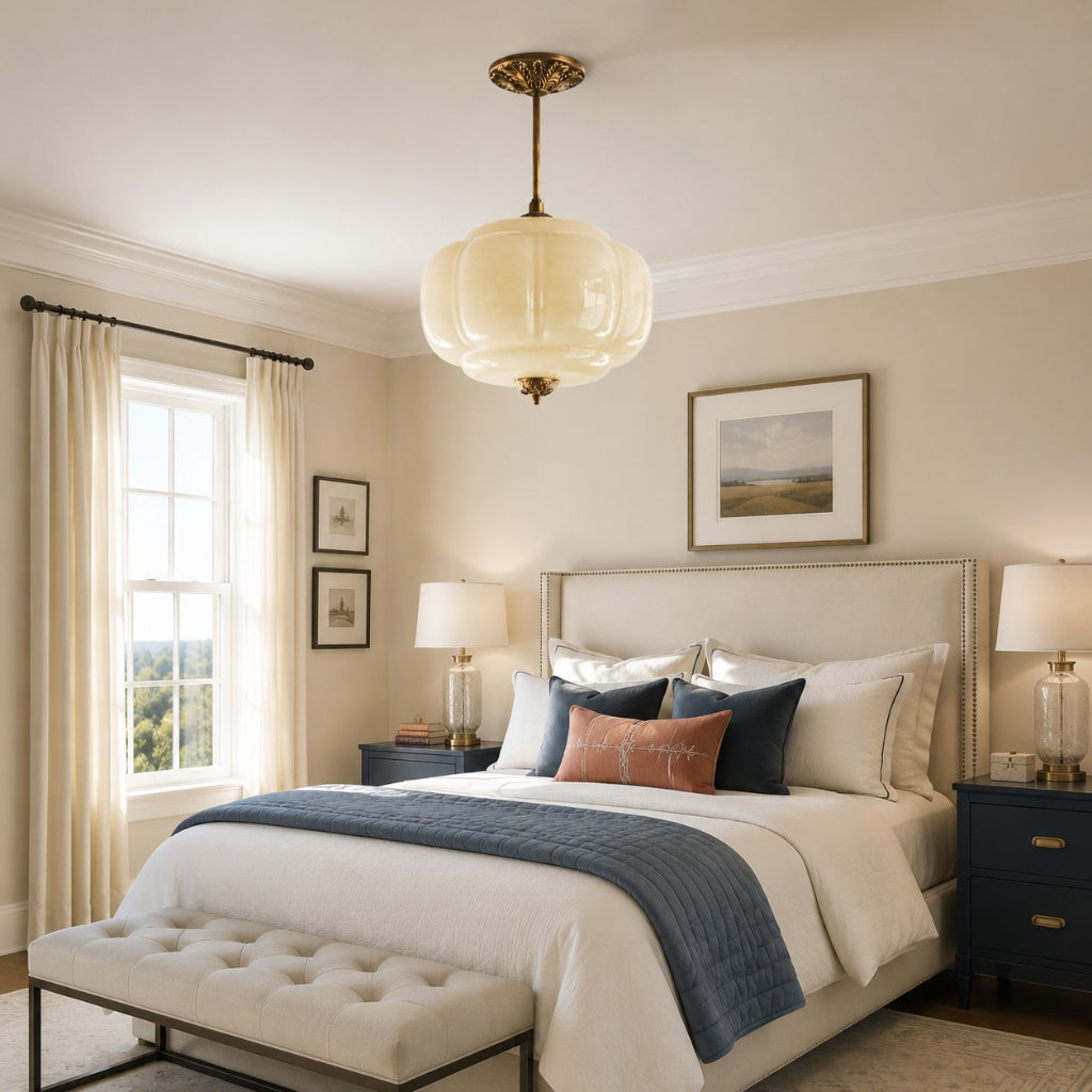 Pendant Lamp Art Deco with Scalloped Glass Shade and Ornate Brass Fitting