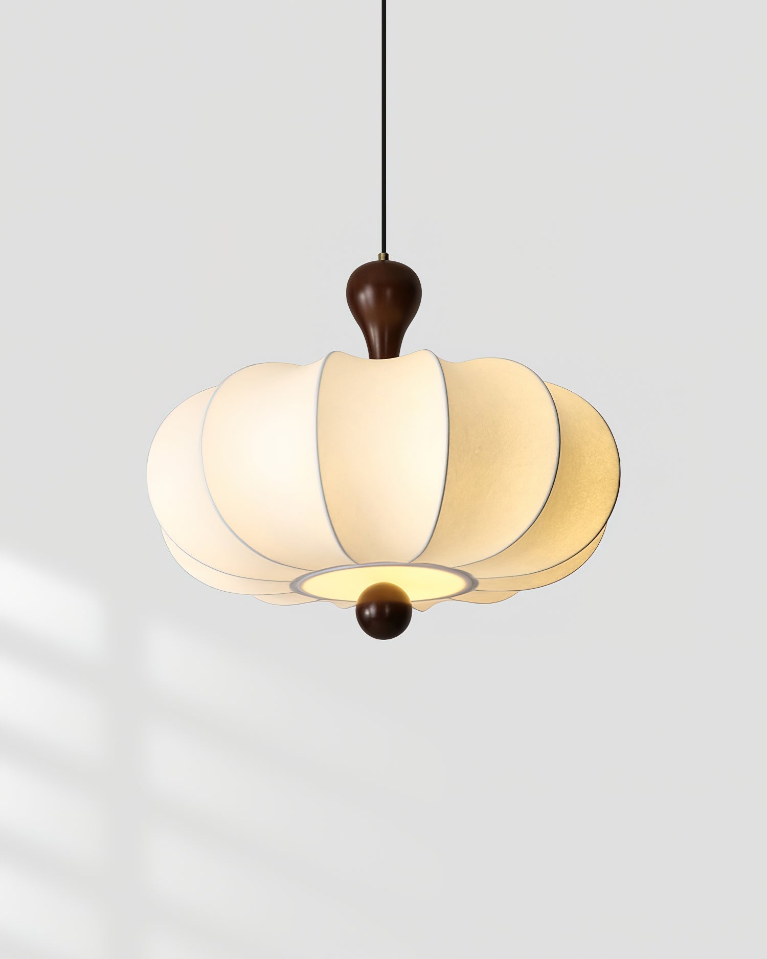 Pendant Lamp Bohemian Sculptured Fabric Shade with Walnut Wood Detail
