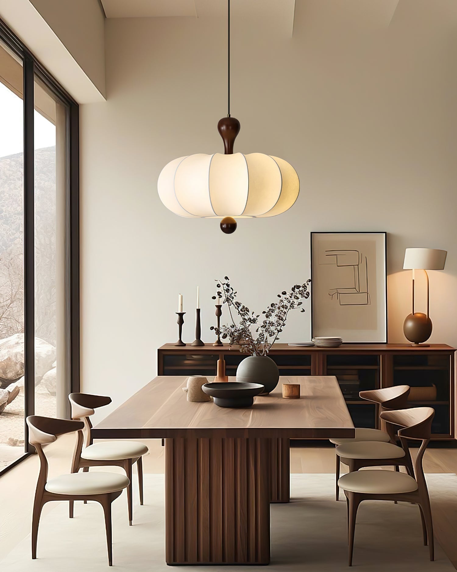 Pendant Lamp Bohemian Sculptured Fabric Shade with Walnut Wood Detail