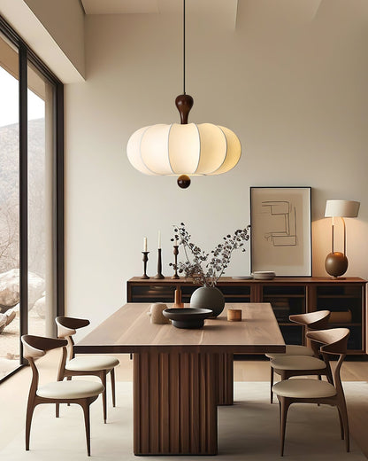 Pendant Lamp Bohemian Sculptured Fabric Shade with Walnut Wood Detail