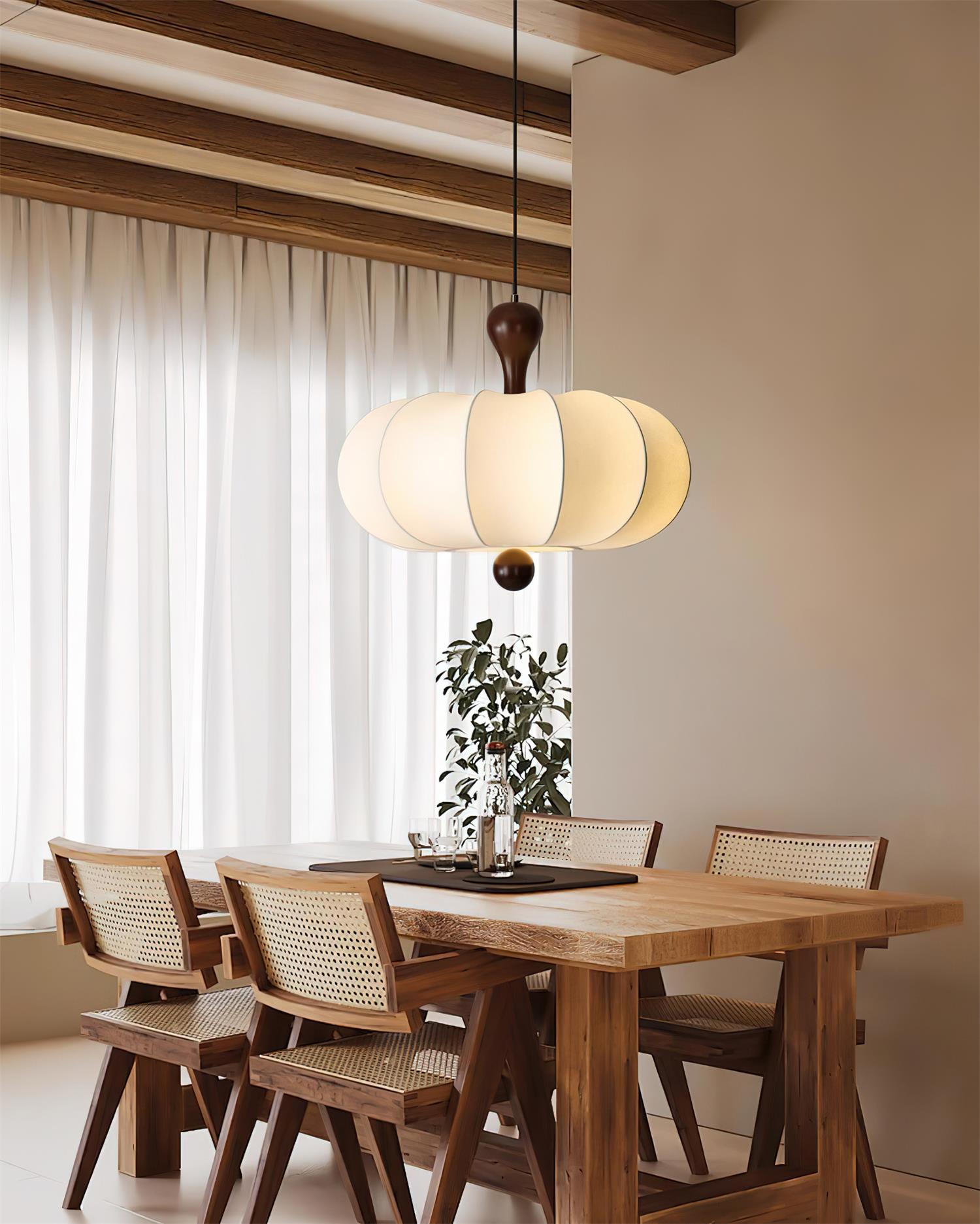 Pendant Lamp Bohemian Sculptured Fabric Shade with Walnut Wood Detail