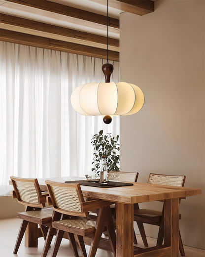 Pendant Lamp Bohemian Sculptured Fabric Shade with Walnut Wood Detail