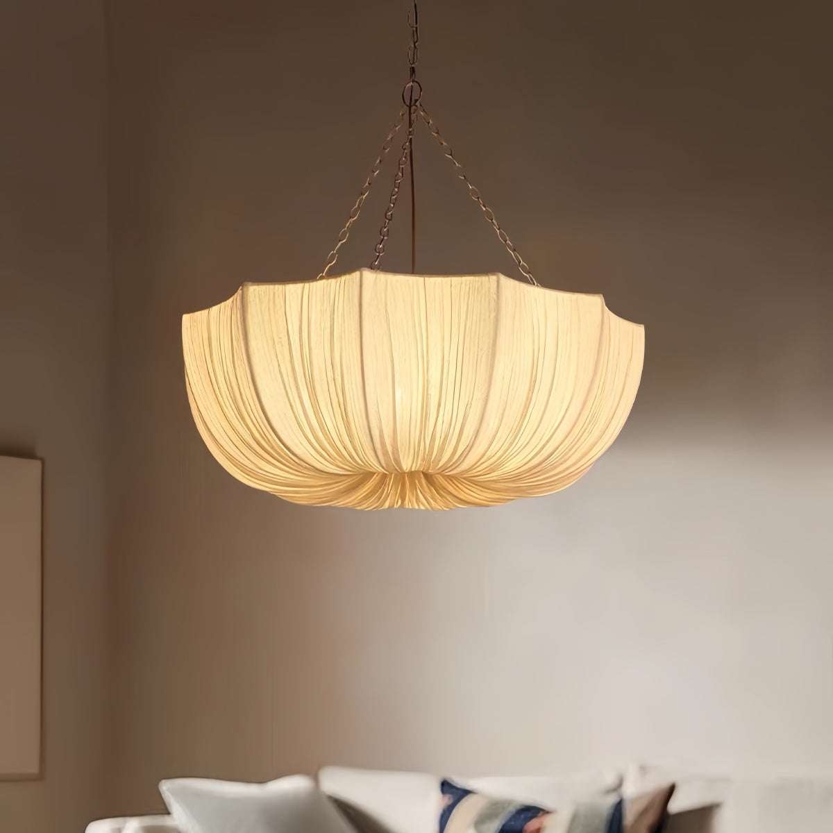 Pendant Lamp Bohemian with Draped Fabric Shade and Chain Suspension