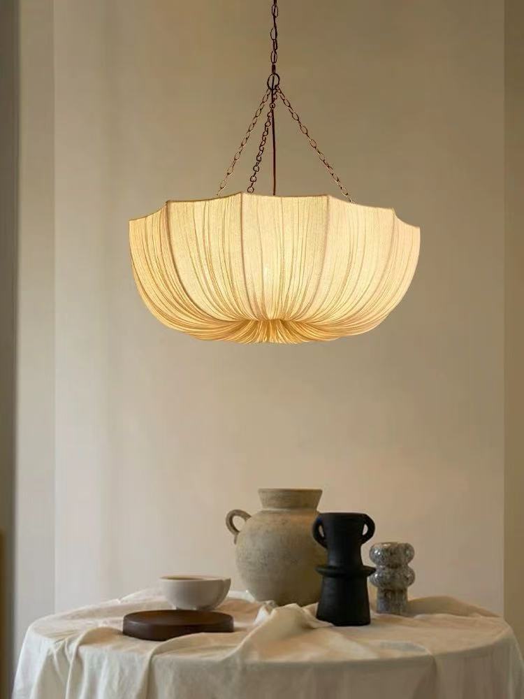 Pendant Lamp Bohemian with Draped Fabric Shade and Chain Suspension