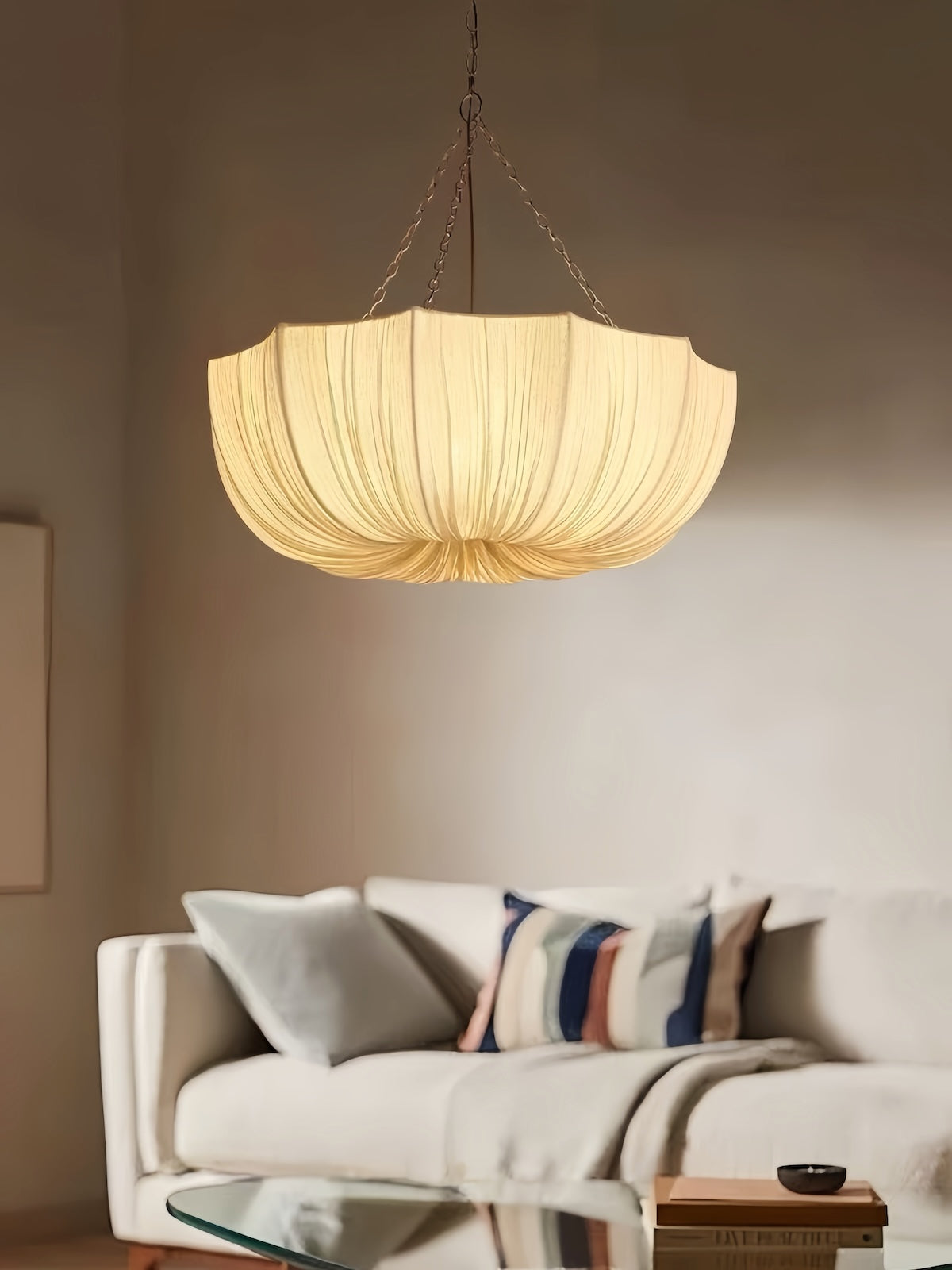 Pendant Lamp Bohemian with Draped Fabric Shade and Chain Suspension