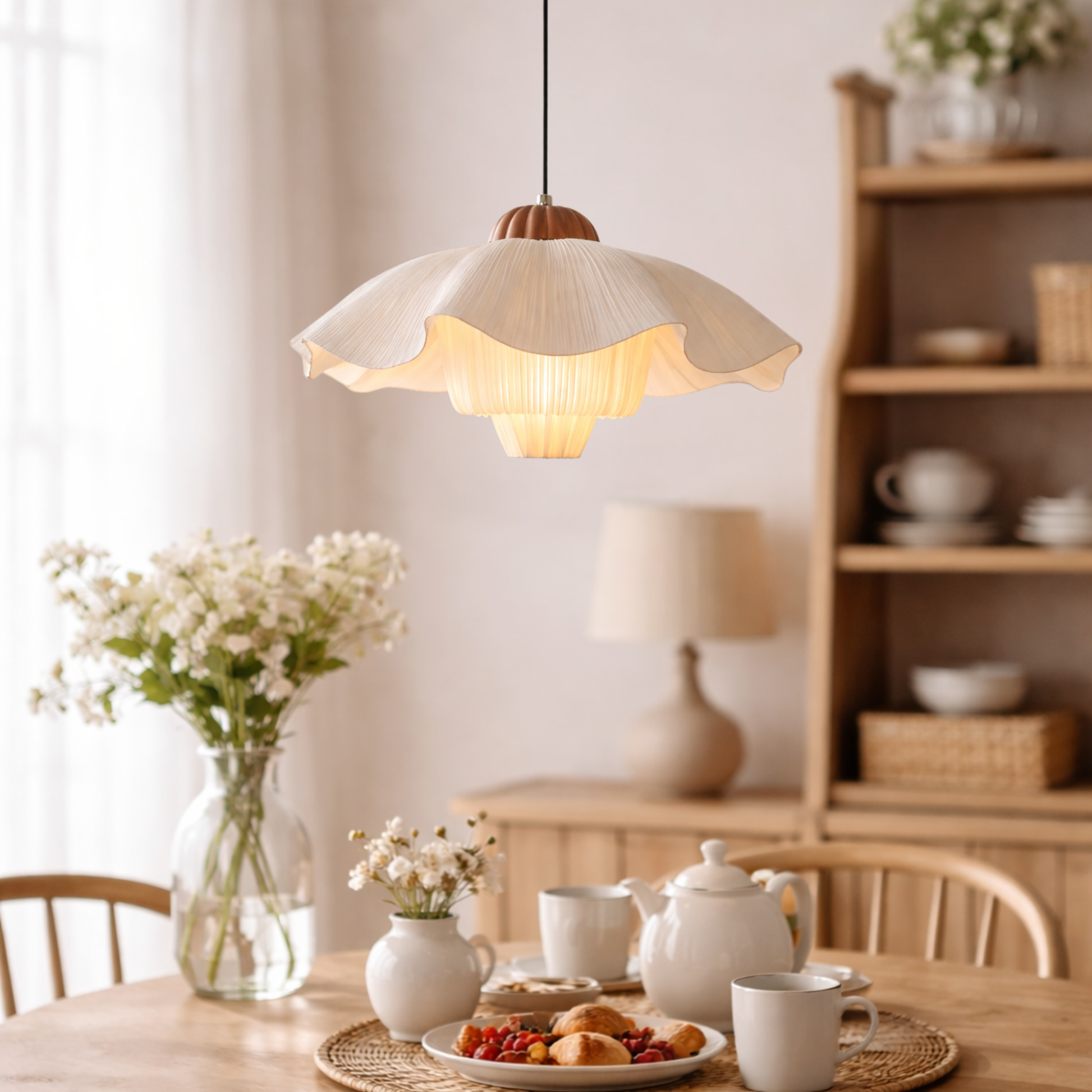Pendant Lamp Bohemian with Flower Petal Fabric Shade and Adjustable Height