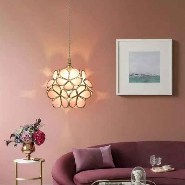 Pendant Lamp Bohemian with Flower-Shaped Glass Shade and Brass Frame