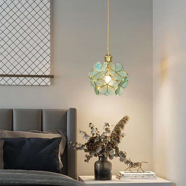 Pendant Lamp Bohemian with Flower-Shaped Glass Shade and Brass Frame