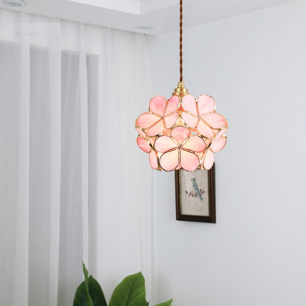 Pendant Lamp Bohemian with Flower-Shaped Glass Shade and Brass Frame