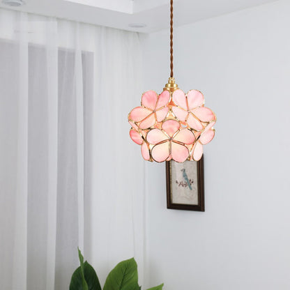 Pendant Lamp Bohemian with Flower-Shaped Glass Shade and Brass Frame