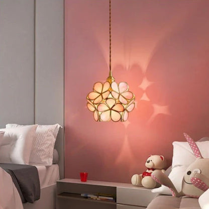 Pendant Lamp Bohemian with Flower-Shaped Glass Shade and Brass Frame