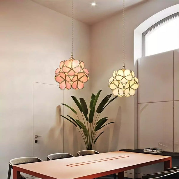 Pendant Lamp Bohemian with Flower-Shaped Glass Shade and Brass Frame