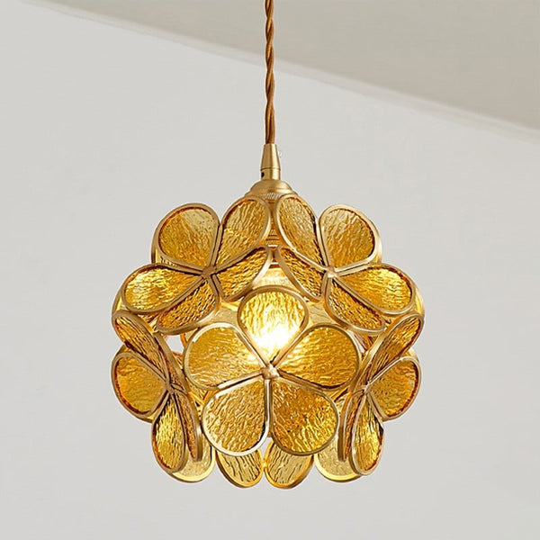 Pendant Lamp Bohemian with Flower-Shaped Glass Shade and Brass Frame