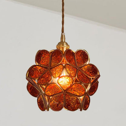 Pendant Lamp Bohemian with Flower-Shaped Glass Shade and Brass Frame