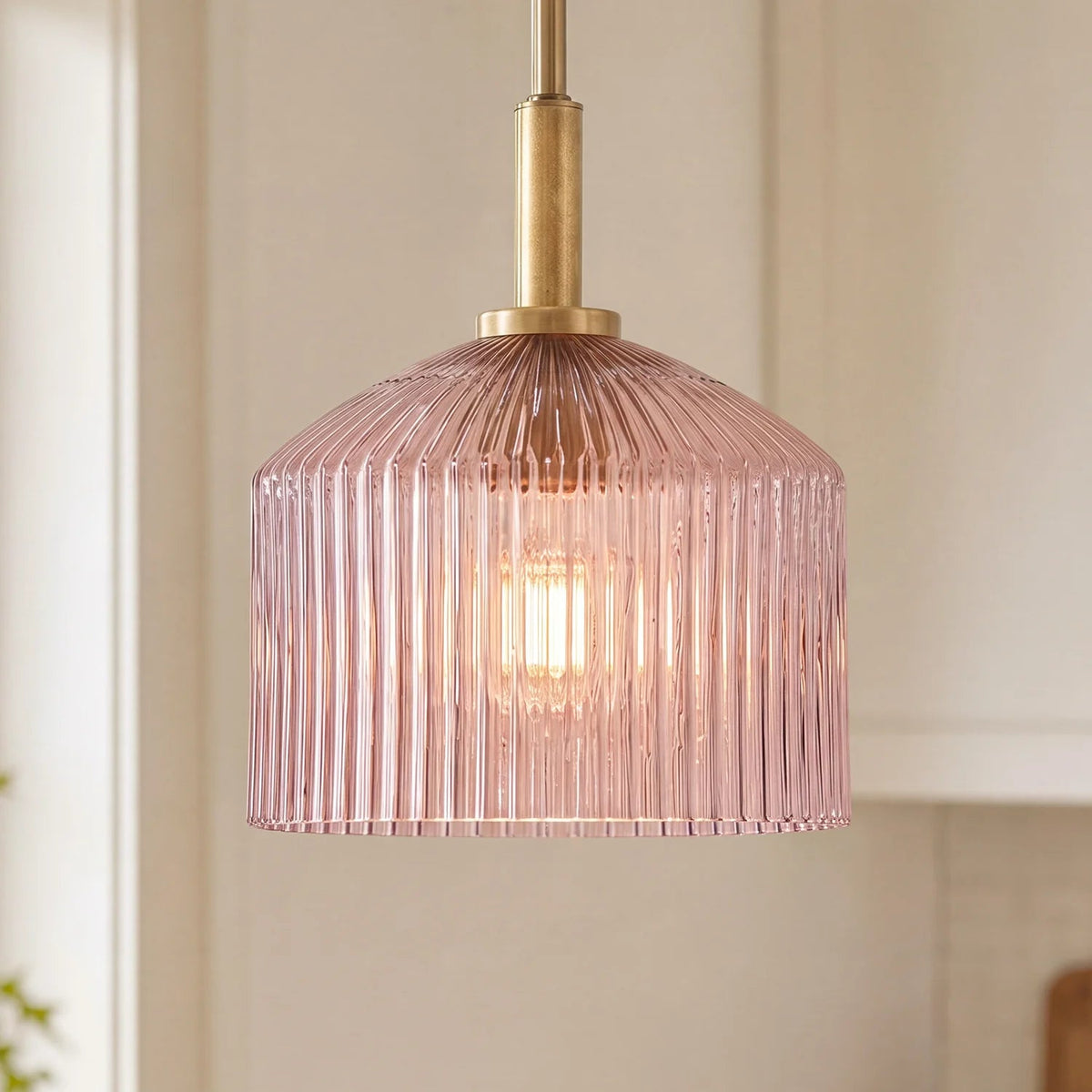 Pendant Lamp Farmhouse with Ribbed Glass Shade and Brass Finish