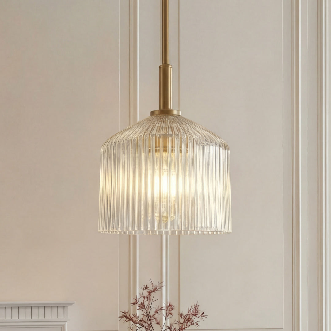 Pendant Lamp Farmhouse with Ribbed Glass Shade and Brass Finish