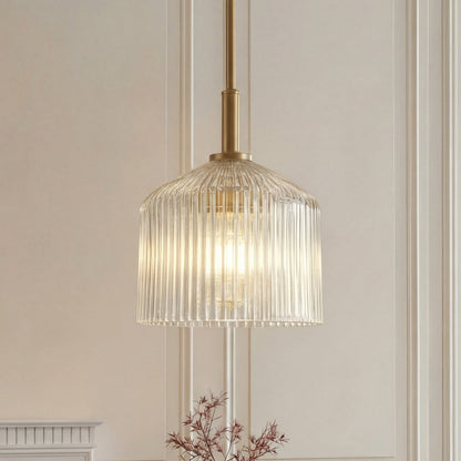 Pendant Lamp Farmhouse with Ribbed Glass Shade and Brass Finish