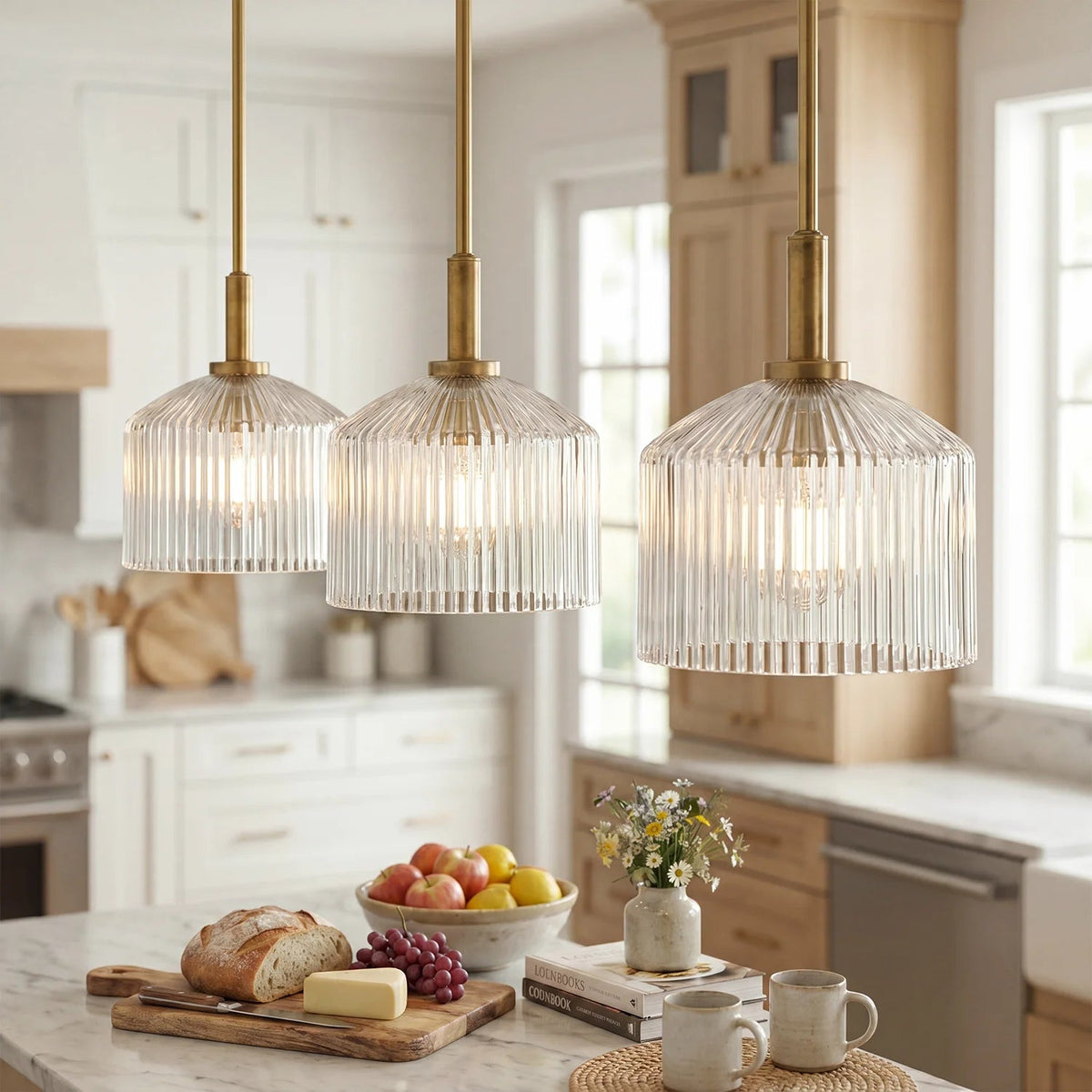 Pendant Lamp Farmhouse with Ribbed Glass Shade and Brass Finish
