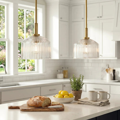 Pendant Lamp Farmhouse with Ribbed Glass Shade and Brass Finish