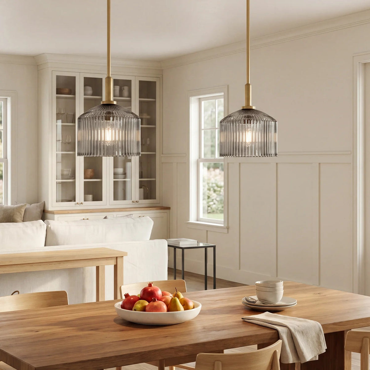 Pendant Lamp Farmhouse with Ribbed Glass Shade and Brass Finish