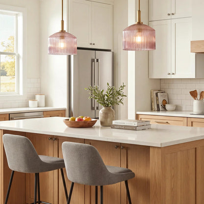 Pendant Lamp Farmhouse with Ribbed Glass Shade and Brass Finish