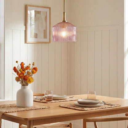Pendant Lamp Farmhouse with Ribbed Glass Shade and Brass Finish