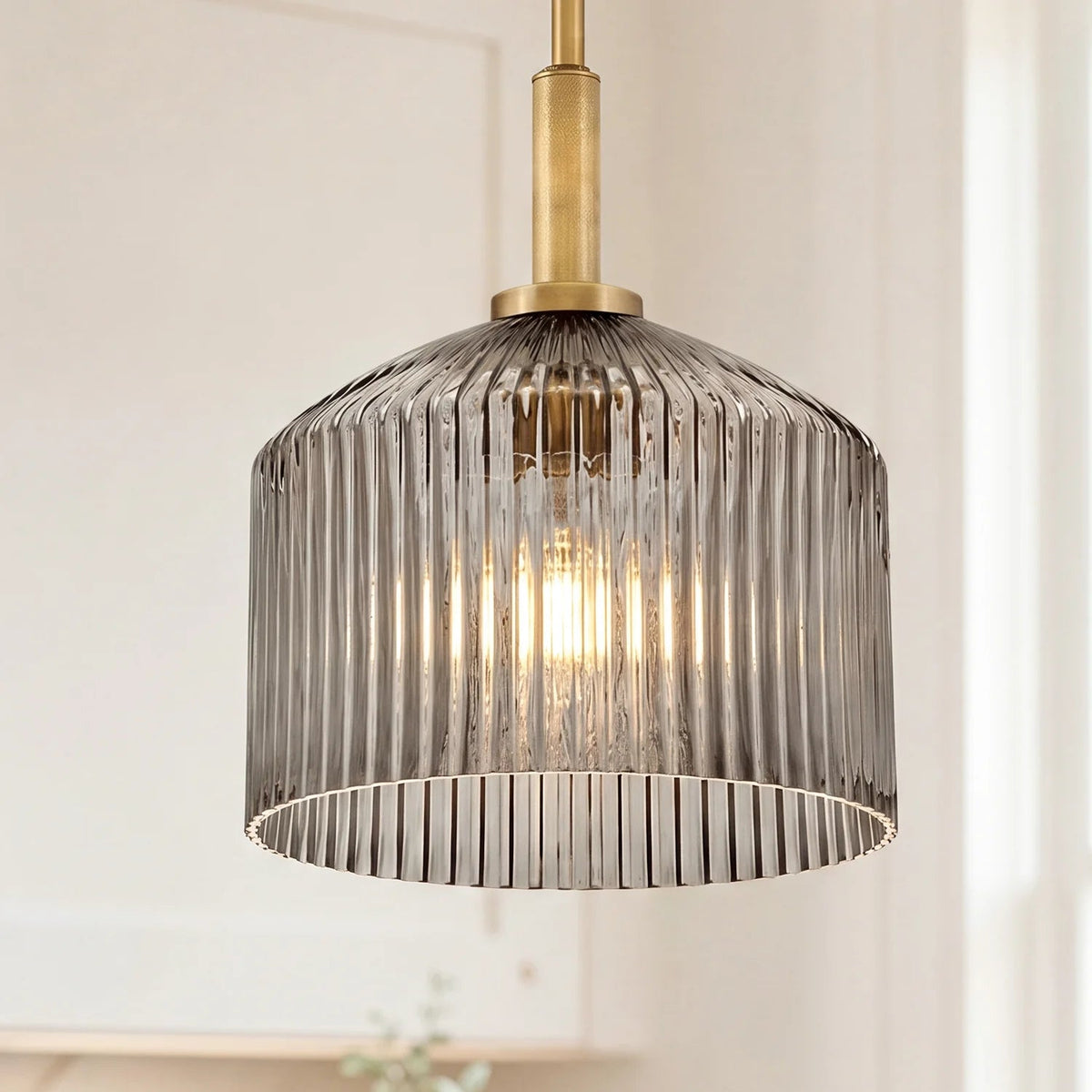 Pendant Lamp Farmhouse with Ribbed Glass Shade and Brass Finish