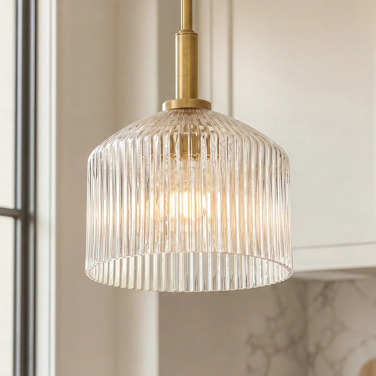 Pendant Lamp Farmhouse with Ribbed Glass Shade and Brass Finish