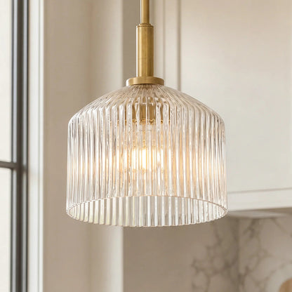 Pendant Lamp Farmhouse with Ribbed Glass Shade and Brass Finish
