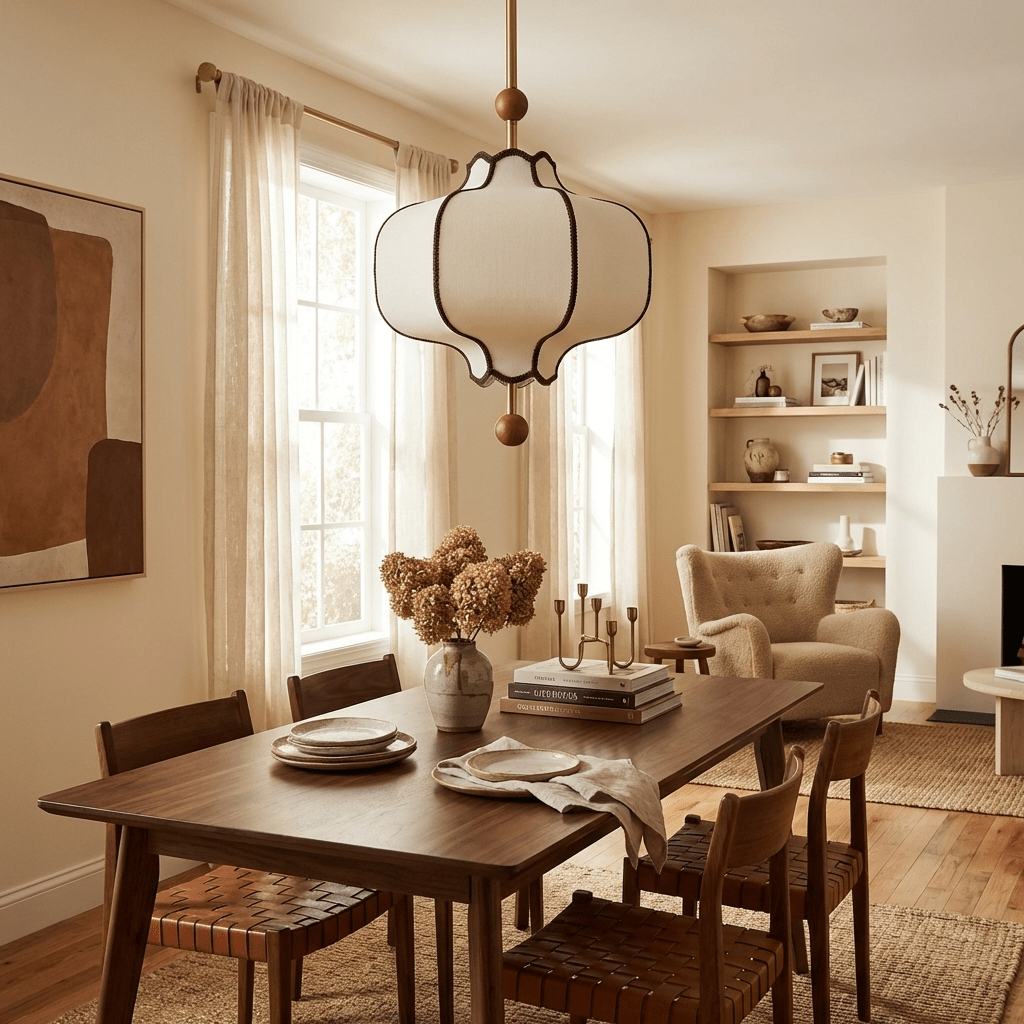 Pendant Lamp Modern Lantern Fabric Shade with Wood Accents