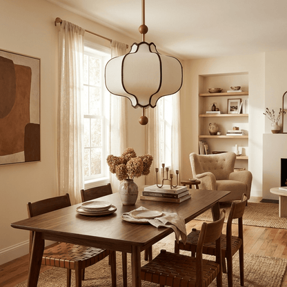Pendant Lamp Modern Lantern Fabric Shade with Wood Accents