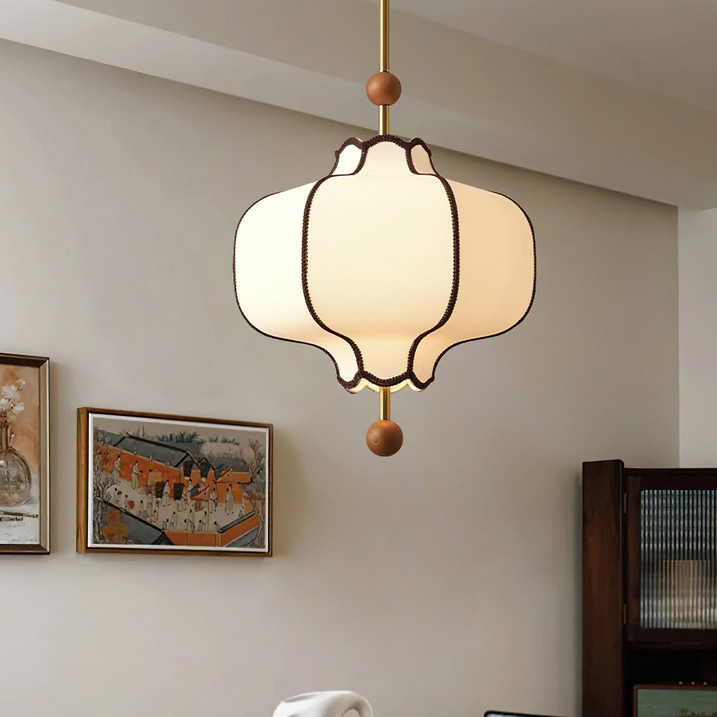 Pendant Lamp Modern Lantern Fabric Shade with Wood Accents