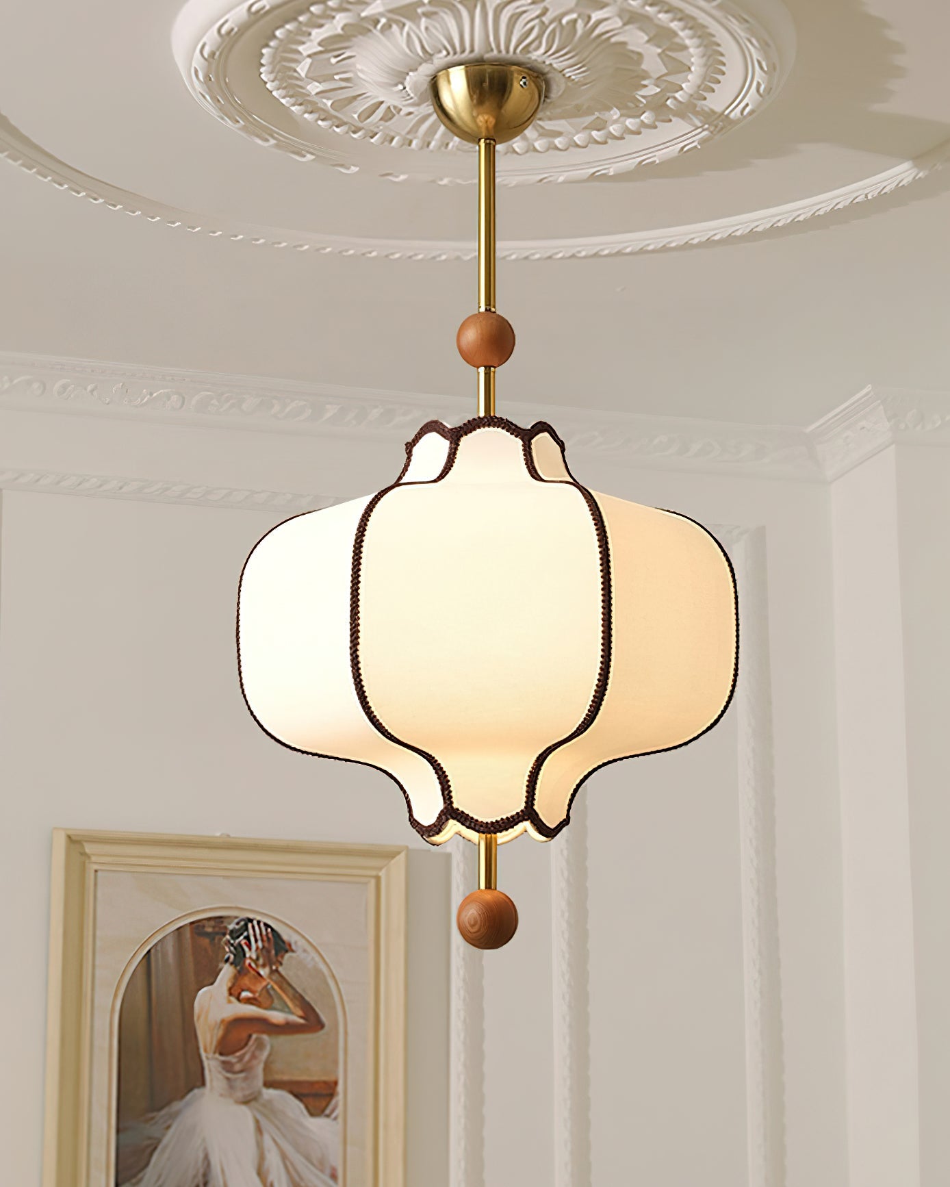 Pendant Lamp Modern Lantern Fabric Shade with Wood Accents