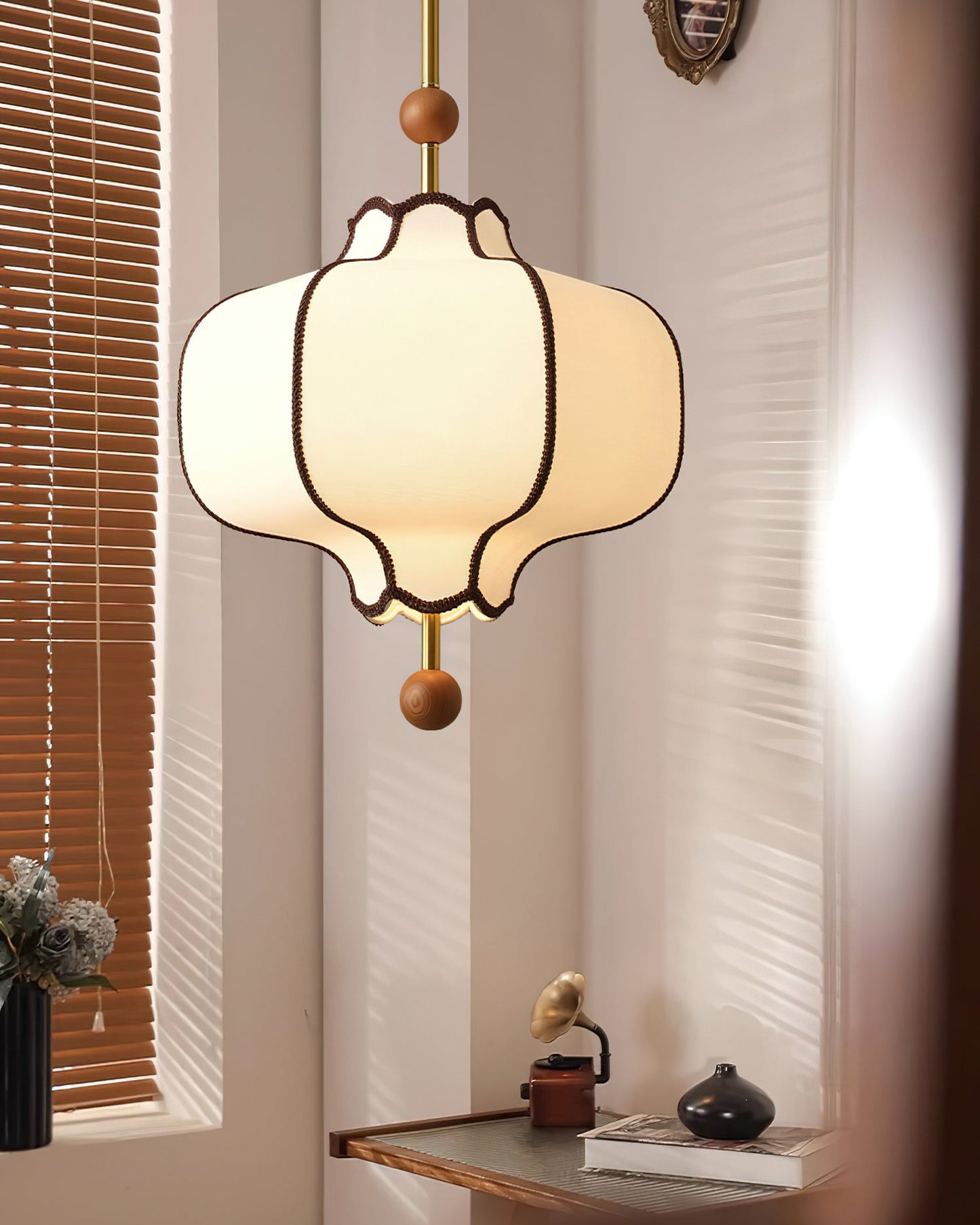 Pendant Lamp Modern Lantern Fabric Shade with Wood Accents