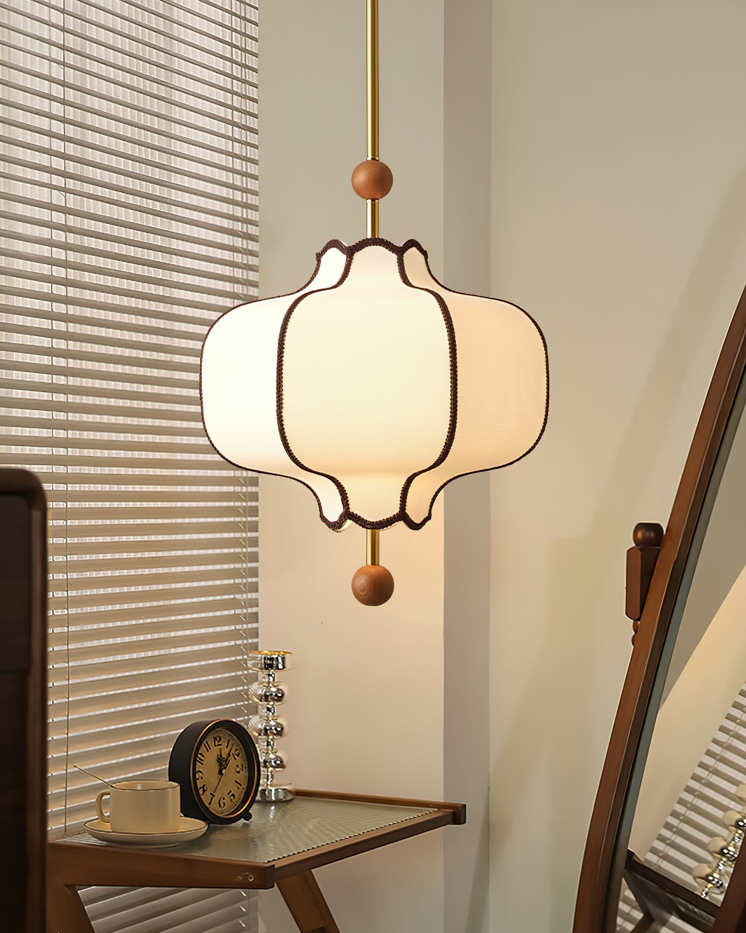 Pendant Lamp Modern Lantern Fabric Shade with Wood Accents