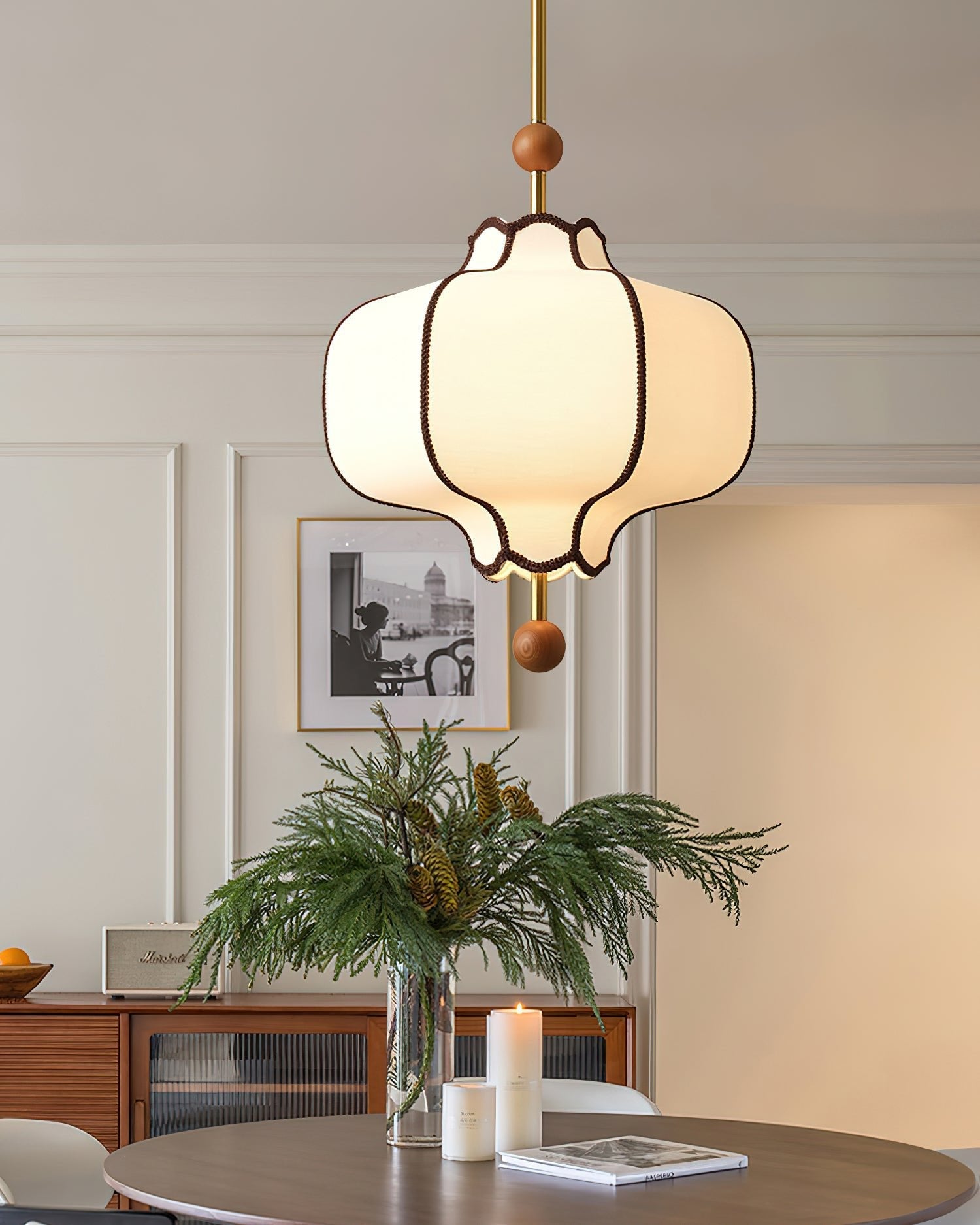 Pendant Lamp Modern Lantern Fabric Shade with Wood Accents
