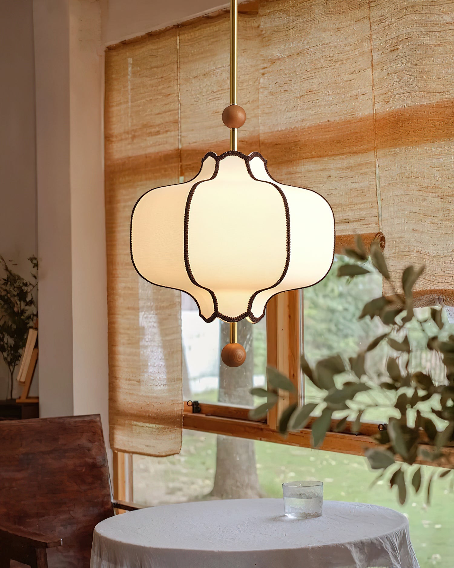 Pendant Lamp Modern Lantern Fabric Shade with Wood Accents