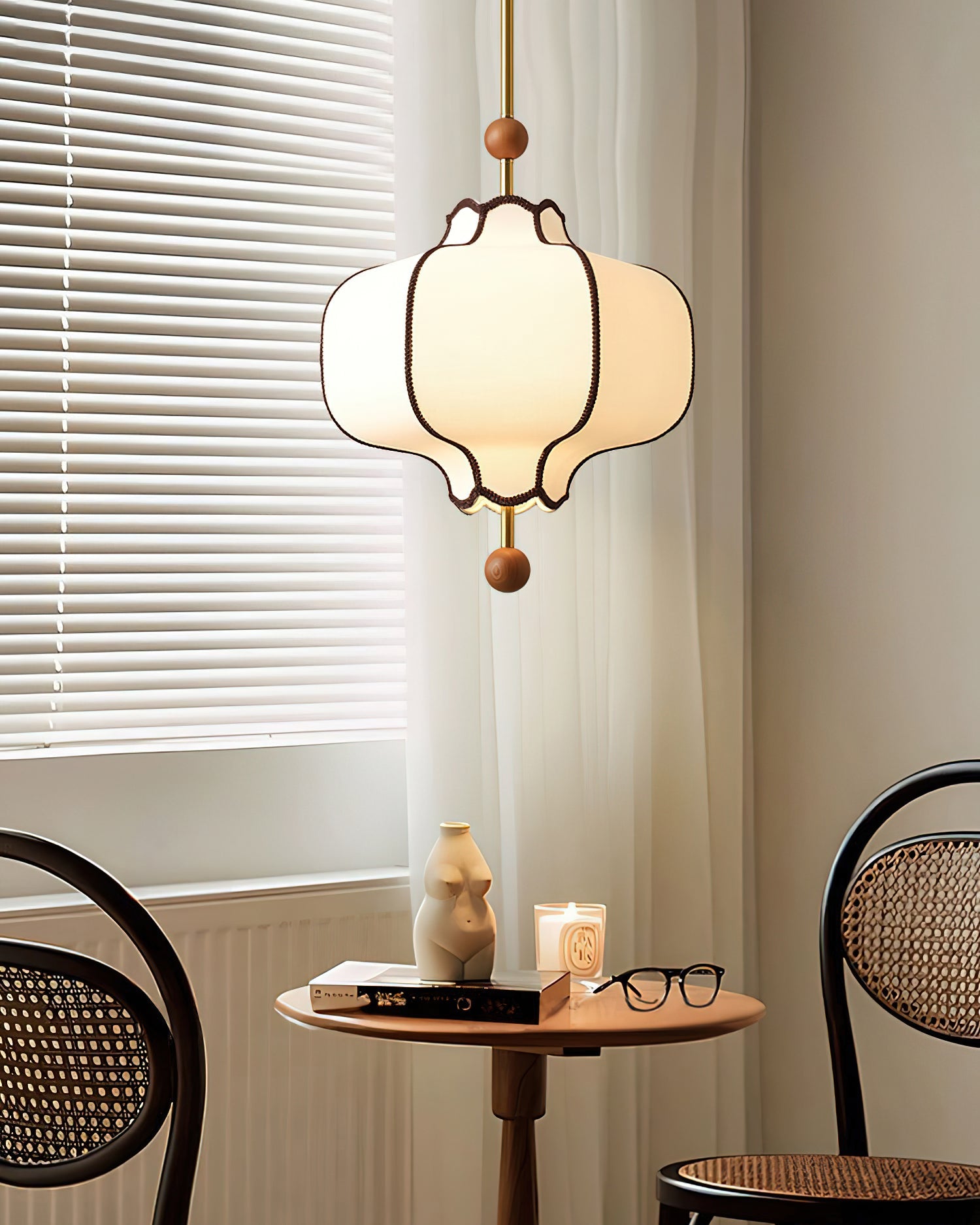 Pendant Lamp Modern Lantern Fabric Shade with Wood Accents