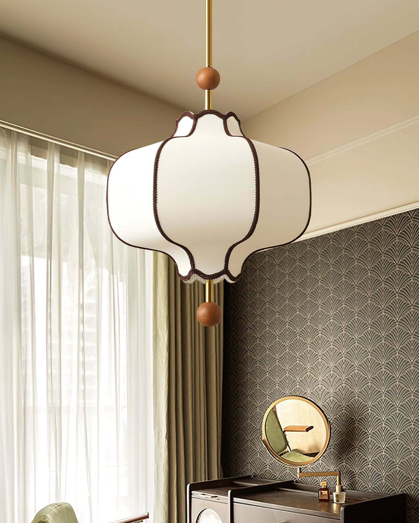 Pendant Lamp Modern Lantern Fabric Shade with Wood Accents