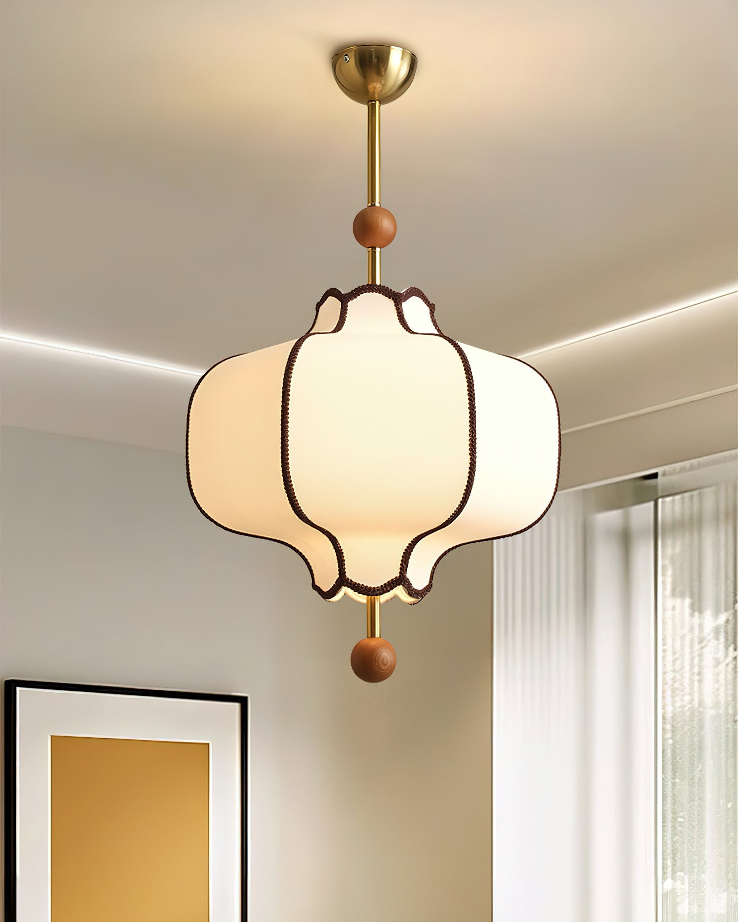 Pendant Lamp Modern Lantern Fabric Shade with Wood Accents
