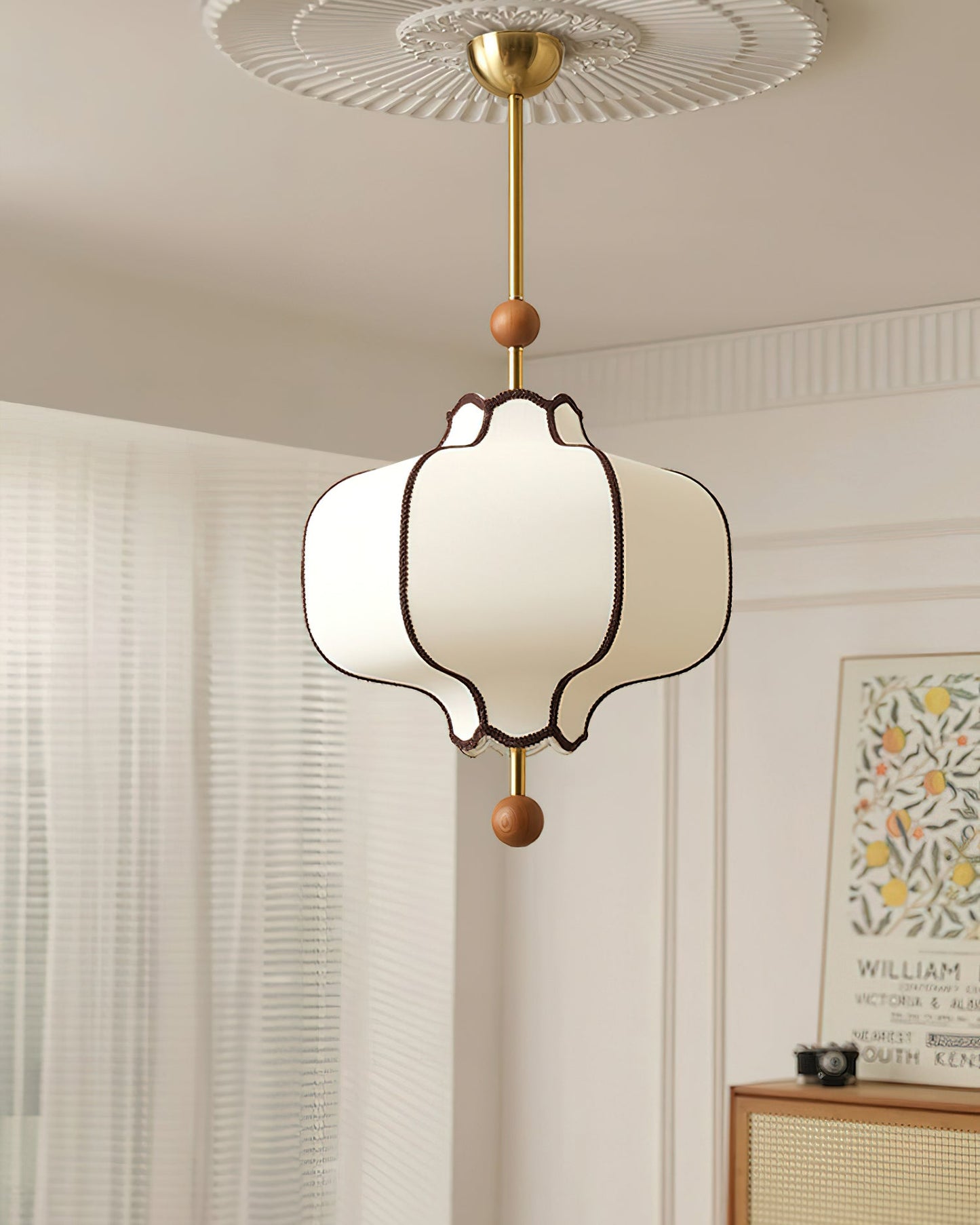 Pendant Lamp Modern Lantern Fabric Shade with Wood Accents